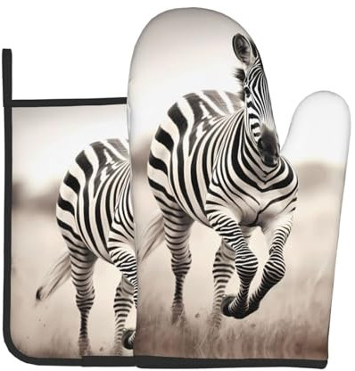 WZYWHJ Zebra Running Printed Oven Mitts and Pot Holders Set for Cooking, Microwave, Grilling - with Lanyard Design