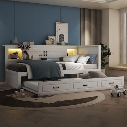 Daybett 90x200 mit LED Beleuchtung und Ausziehbett, Funktionsbett mit Staufach, Steckdose und USB Ladefunktion, Sofabett Jugendbett Schlafsofa Bettgestell Tagesbett Gästebett, ohne Matratze, Weiß