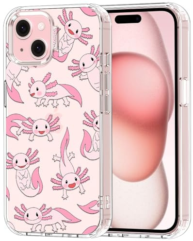 MOSNOVO Hülle für iPhone 15, [2 m Militärschutz] [Anti-Abblätter-Technologie] Transparente stoßfest TPU Stoßfänger Handyhülle mit Design - Rosa Axolotl