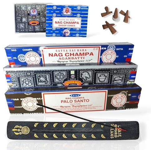 Pack Incienso Nag Champa + Porta Incienso de Madera + Conos– Aromaterapia Natural – Fragancias Satya Sai Baba Agarbatti, Incienso Super Hit y Palo Santo– Relajación y Limpieza Energética