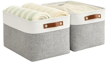 Bagnizer Foldable Storage Baskets for Shelves Closet 2PCS Fabric Large Organizer Box Bins with Handles Waterproof Canvas Box for Clothes, Pet Toys, Office Products, Bedroom 38x28x24CM Grey & White
