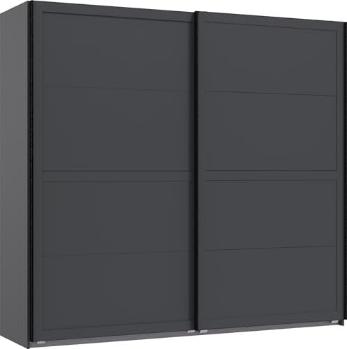 möbelando Schwebetürenschrank >Chalet< in Graphit, 180 cm breit, 208 cm hoch, 65 cm tief, mit 2 Einlegeböden, 2 Kleiderstangen und Spiegel, Made in Germany, zerlegt geliefert