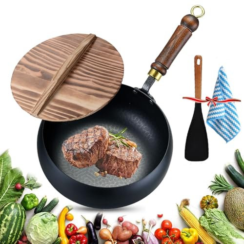 Vgpbphj Japanese Iron Pan, Uncoated Cast Iron Frying Pan with Wooden Lid, Hand-Forged Cast Non Stick Pot, for High-Heat Frying, Multiple Uses Big Belly Pot for Stoves, Induction Hobs (with lid, 30cm)