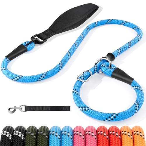 Kdsvakd Slip Lead for Dogs, No Pull Training Leash with Comfortable Padded Handle and Collar Attachment, Highly Reflective Strong Puppy Rope Leads for Medium Large Dog, Blue 13mm*1.2m