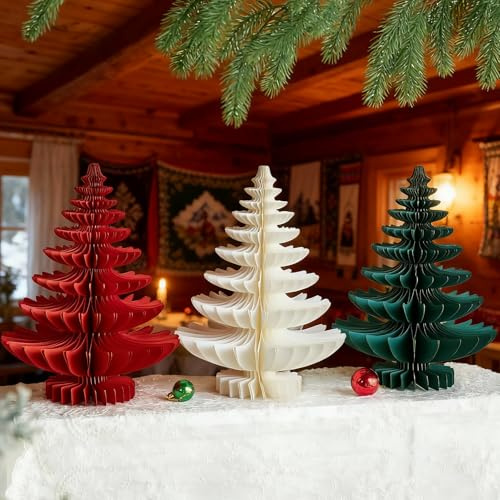 SUNBEAUTY 3 Stück Weihnachtsbaum Deko Tannenbaum 3D Papier Waben Christmas Baumschmuck Tischdeko Weihnachten mit Sockel Weihnachtsdeko Magnetisches Design für Zimmer Fenster Kamin（Rot, weiß,grün）