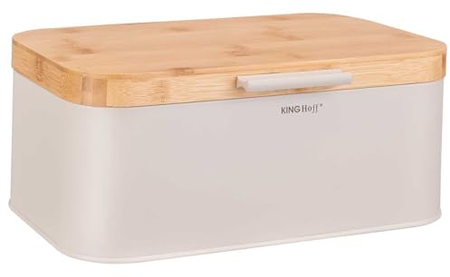 KING HOFF Stahl Brotbox Brotkasten mit Bambusdeckel (Beige)