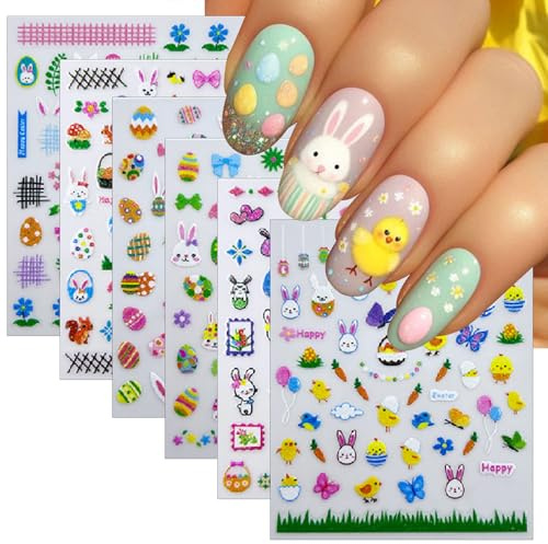 6 Bögen Glitzernde Oster-Nagelsticker, Ostereier-Hasen-Nagelaufkleber, 3D-selbstklebende niedliche Hühnereier-Nagelkunst-Zubehör, Cartoon-Hasen-Karotten-Nagelsticker für Frauen, DIY-Nageldekorationen