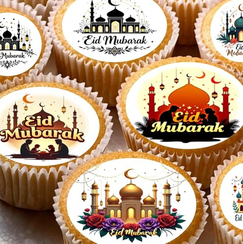 24 Eid Ramadan Mubarak Mosques pre-cut edible cupcake wafer toppers