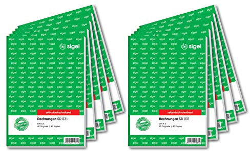 SIGEL SD031/10 Rechnungen, A5, 2x40 Blatt, selbstdurchschreibend, 10er Pack, aus nachhaltigem Papier, Rechnungsblock