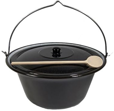 Set Gulaschkessel Gulaschtopf Emaille 14 Liter + Deckel + Kochlöffel Hordentopf Glühweintopf Suppentopf