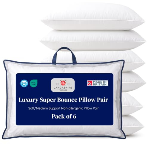 Bed Pillows 6 Pack, Luxury Super Bounce Hollowfibre Pillows for Sleeping, Soft Medium Support, Non-Allergenic Machine Washable Pillow Set for Bedroom Bedding, OEKO-TEX Certified, Made in Britain