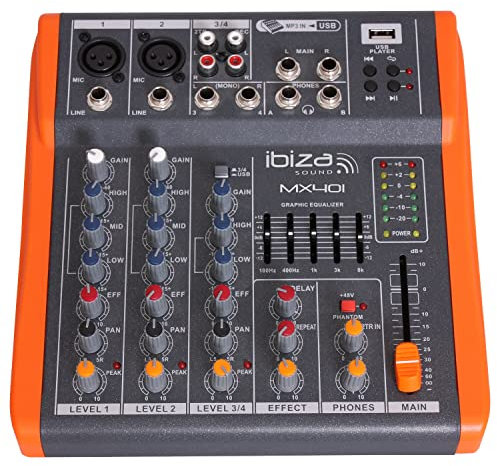 Ibiza - MX401 - Kompletter semiprofessioneller 4-Kanal-Mixer (5-Band-EQ) mit Mikrofon- und Line-Eingängen sowie REC-, RCA-, Kopfhörer- und AUX-Ausgängen - USB - Schwarz und orange