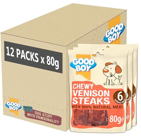 Good Boy - Chewy Venison Steaks - Dog Treats - Made with Natural Venison - Gluten Free Dog Treats - 80 g (Pack of 12)
