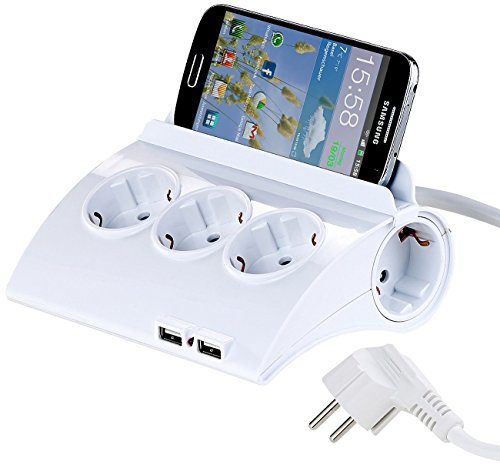 revolt Steckdosenverteiler: Schaltbare 5-Fach-Steckdosenleiste, 2 USB-Ladeports, Smartphone-Ablage (Verteilerdose, Steckdose USB, Apple iPhone Ladekabel)