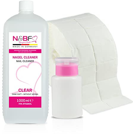 NAILS FACTORY | N&BF All for one Nagel Cleaner 1000ml + Dispenser Pumpflasche (Rosa) + 1000 Zelletten Pads (2 Rollen à 500 Stück) 70% Ethanol-Alkohol 1 Liter – Nail-Cleaner