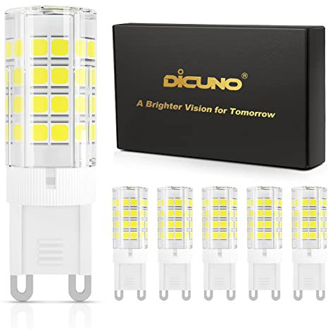 DiCUNO G9 Bombilla LED 3W (40W Bombilla Halógena Equivalente), 380lm, Ahorro de energía,Blanco frío 6000K, AC100-240V, No-regulables, Base ceramica, 360 Grados ángulo, Paquete de 6