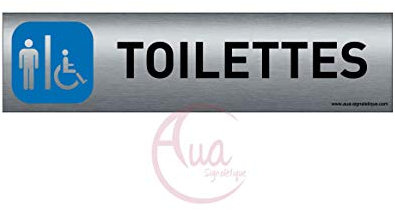AUA SIGNALETIQUE - Plaque de porte Aluminium brossé imprimé AluSign - 200x50 mm - Double Face adhésif au dos - Impression UV directement sur l'aluminium (Pas de contre collage) (Toilettes H/handicapé)