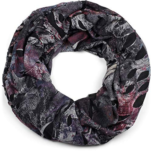styleBREAKER Loop Schal im Splat Style mit Klecksen und Zeichen im Destroyed Vintage Look, Unisex 01016119, Farbe:Anthrazit-Weinrot-Violett