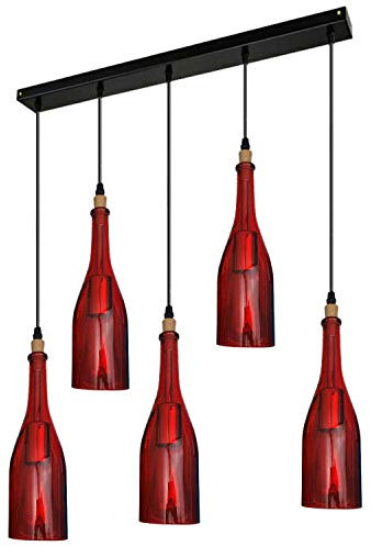 LEDSone Vintage 5 Head Pendant Light Ceiling Fixture Wine Bottle Shaped Glass Red Lampshade Height Adjustable Modern Creative Bar Lighting Ideal for Cafe Restaurant Living Room