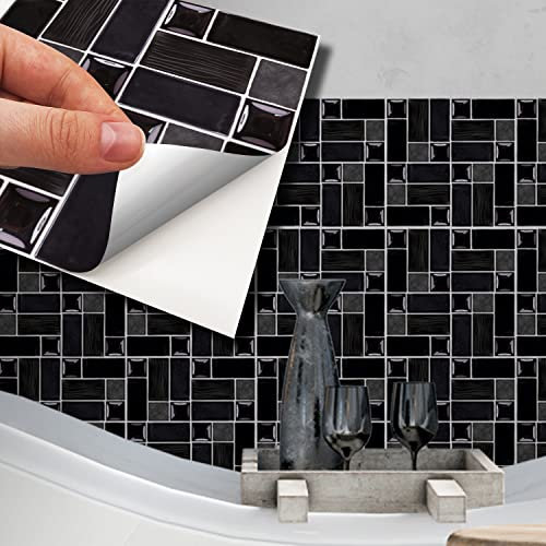 WALPLUS 15cm(6) 24 pcs Glossy Black Porcelain Mosaic Wall Tile Stickers Peel and Stick Backsplash Self-Adhesive Vinyl Home Decoration Living Bedroom Splashbacks for Kitchen Tile Paint Stick on Tiles