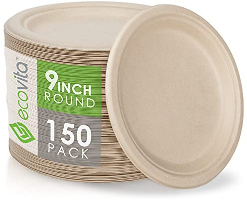 Ecovita 100% kompostierbare Pappteller [22,9 cm] – 150 Einwegteller, umweltfreundlich, stabil, baumfrei, flüssig und hitzebeständig, Alternative zu Kunststoff- oder Papptellern