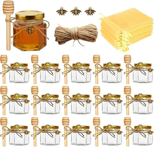 Adabocute Sechseckige Mini-Honiggläser aus Glas mit Holzlöffeln, goldfarbenen Deckeln, Bienen-Anhängern, Jute-Geschenktüten - perfekt für Babypartys, Hochzeiten, Partygeschenke, 15 Stück