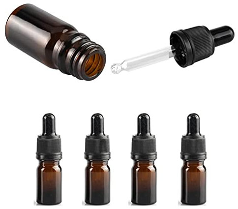 ZEOABSY 4 Pack, 5ml Empty Amber Glass Dropper Bottles with Glass Pipettes, Tamper-evident screw cap for Essential Oil Aromatherapy Blends Cosmetic Elite Fluid Container, 1x funnel