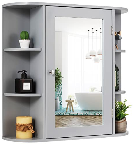 GOPLUS Spiegelschrank Holz mit Ablagen, Badschrank mit Spiegel, Hängeschrank Wandschrank Bad, 66 x 63 x 16,5 cm (Grau)
