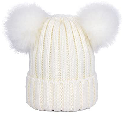 DAIHAN Wintermütze Warme Strickmütze Damen Mütze mit Kunstpelz 2 Bommeln Beanies Bommelmütze Pudelmütze Feinstrick Mütze Gefüttert Fleece Strick Beanie Weiß