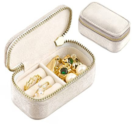TAIMY Mini-Schmuck-Reiseetui, Samt, kleine Reise-Schmuckschatulle, tragbare Schmuck-Reise-Organizer-Box für Ringe, Ohrringe, Halsketten, Geschenke für Frauen und Mädchen (Beige)