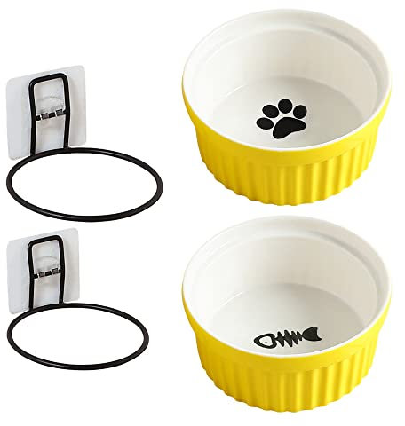 Lot de 2 gamelles surélevées en céramique pour chat, à fixation murale, avec support en fer et pâte sans clous, amovible (jaune)