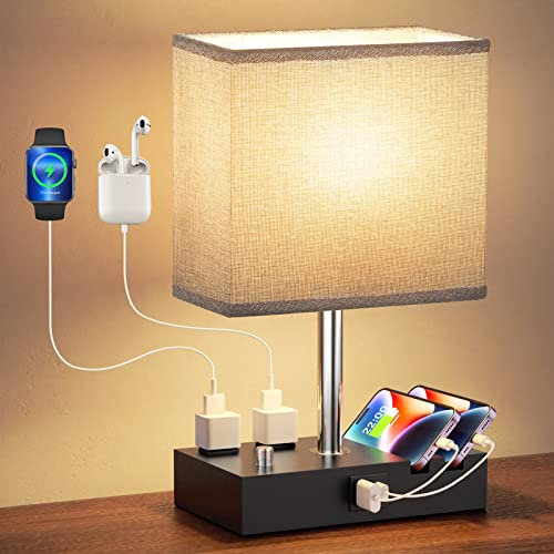 AONELAS Kakanuo Fully Dimmable Nightstand Lamp for Bedroom with USB C Ports, Grey Small Bedside Table Lamp with Charging Outlets and Phone Stands, Wooden Desk Lamp for Living Room, LED Bulb Included
