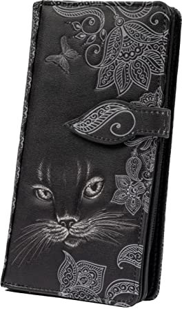 Shag Wear Damen Premium Vegan Clutch Kartenhalter Reißverschluss Geldbörse Geldbörse mit hübschen Tiermotiven, Shadow Cat Black, Large, Modern