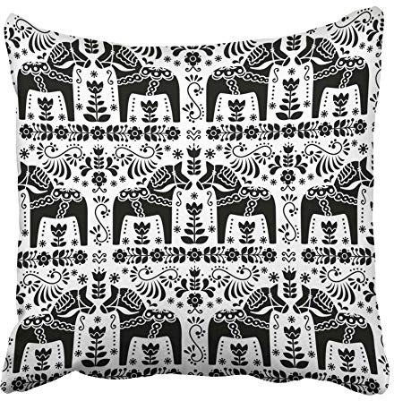 Throw Kissenbezüge Blumen Skandinavisches Volksmuster Schwedisches Dala Daleclarian Pferd Blumendesign Schweden Tier Schwarz Dekokissen Bedruckt Kissenbezüge Für Cafe, Terrasse, 45X45Cm