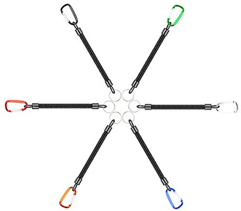J&D 6pc Fishing Lanyards, Multicolor Retractable Coiled Lanyards Elastic Cord Tool Ropes with Carabiner and Keychain for Fishing Hiking Biking Camping Outdoor