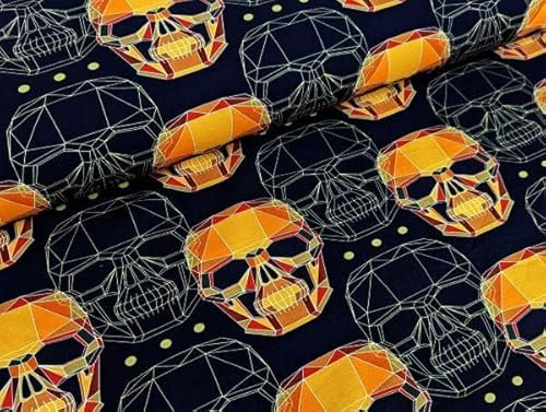 French Terry Graphic Skulls in Nachtblau/Orange Stoff Kleiderstoff Totenkopf