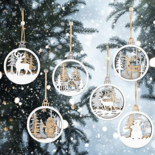 6 Stück Holz Weihnachts Anhänger 3 Stöckiger Weihnachts Baumschmuck Anhänger mit Juteseil Schneemann Elch Weihnachtsschmuck Holzhandwerk