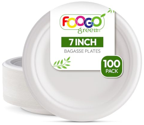 FOOGO Green 100 Platos Desechables de Fibra de Caña de Azúcar, 18 cm, para Postres y Entrantes, Biodegradables, Compostables, Picnic, Fiesta, Platos Redondos y Resistentes de Papel para Aperitivos