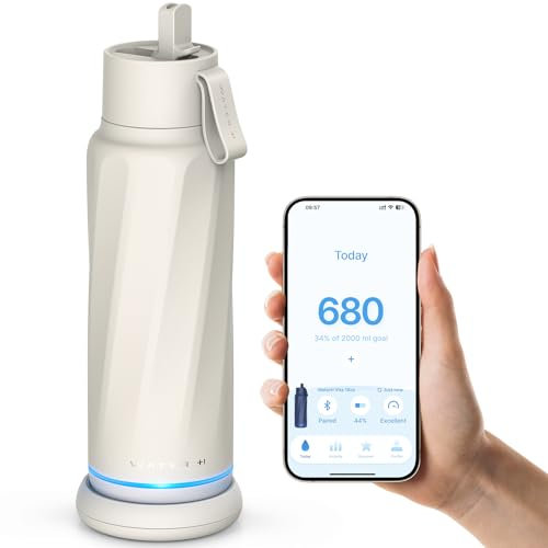 WATERH Vita Botellas de agua inteligentes aisladas con popote, rastreador de admisión, analizador de seguridad del agua, recordatorio LED, sin BPA, termo de acero inoxidable al vacío de doble pared de