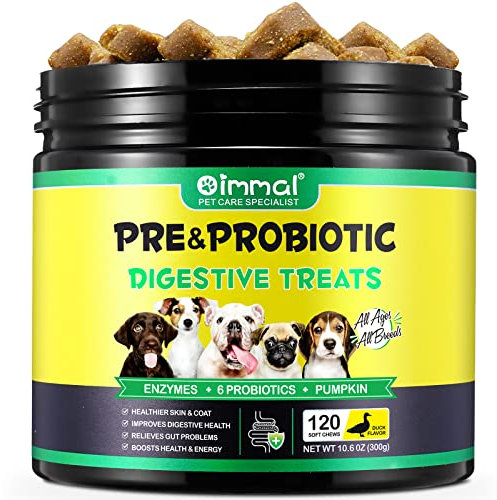 Probiotics for Dogs - Pre & Probiotic Digestive Treats for Dog with Pumpkin and Flaxseed Powder Support Gut Health, Itchy Ears, Dog Probiotics Supplements for All Dogs - 120 Soft Chews / Duck Flavor