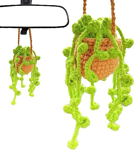 Gehäkelte Hängepflanze fü Auto,Topfpflanzen häkeln - Tragbare handgefertigte gestrickte Rückspiegel-Dekoration für Erwachsene, Frauen, Männer, Pflanzenliebhaber Aizuoni