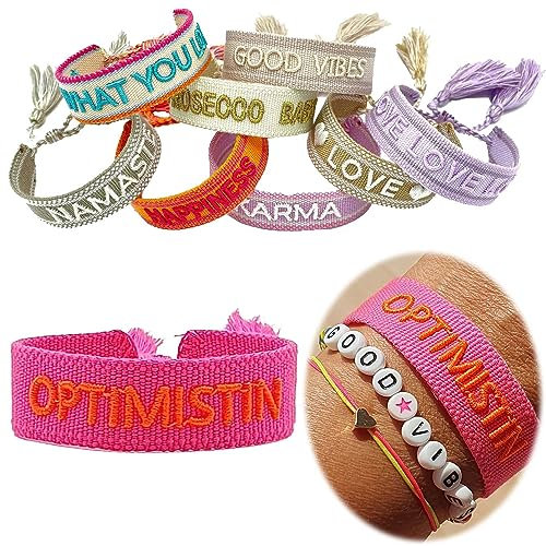 LS-LebenStil Exklusives Statement Armband Quasten besticktes Boho Canvas Webarmband (Optimistin Neon Pink)