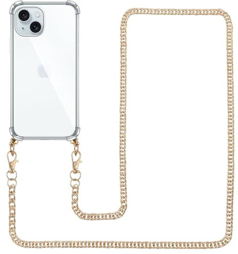 Pnakqil Handykette für iPhone 15 Hülle mit Band, Durchsichtig Silikon Handyhülle mit Kette, Transparent Anti-Fall Schutzhülle mit Kordel für iPhone 15, Metallkette - Gold