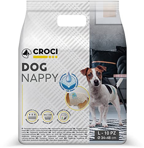 Croci Dog Nappy - Mutanda Assorbente per cani femmine, taglia L - Ø 34-48 cm, Pannolino igienico ciclo e pipi cane, Antiodore, Usa e getta, Chiusura adesiva regolabile, 10 pz (Confezione da 2)