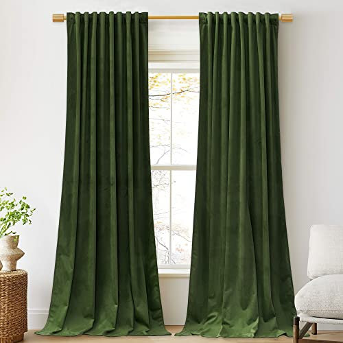 StangH Moss Green Curtains for Bedroom 102 inches Long Velvet Blackout Thermal Insulated Sliding Door Drapes Back Tab Thick Privacy for Living Room/Spring Decor, W52 x L102, 2 Panels