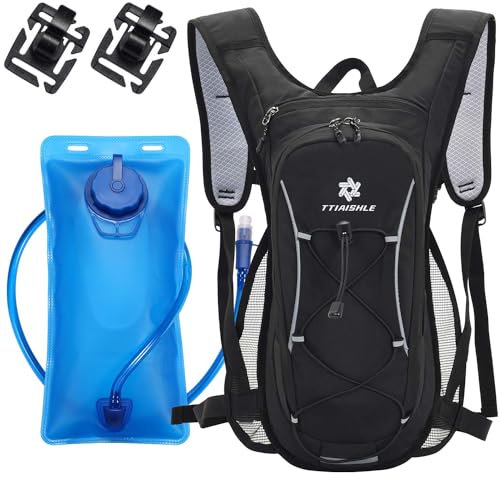 TTIAISHLE Trinkrucksack mit 2 l BPA-freier Wasserblase, Fahrradrucksack für Radfahren, Laufen, Wandern, Klettern, Camping, Rennen, Skifahren (schwarz + blau)