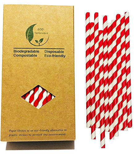 Pajitas de papel rojas y blancas, 100 pajitas de papel desechables a rayas rojas para pajitas, bodas y Navidad (7.75 pulgadas)