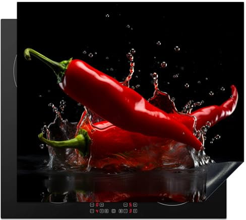 KitchenYeah© Herdabdeckplatte Einteilig Ceranfeld Abdeckplatte Küche Deko Ceranfeldabdeckung Herdabdeckung Induktionsmatte Paprika - Rot - Schwarz - Wasser - Gemüse - 60x52 cm