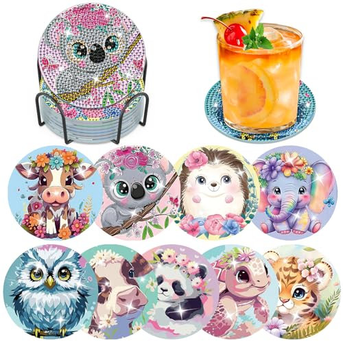 Lxmsja 9 STK Diamond Painting Untersetzer mit Halter, Diamond Painting Tier, Diamant Painting Bilder Erwachsene Kinder, Diamant Tassenuntersetzer mit Kork, Basteln Erwachsene Frauen