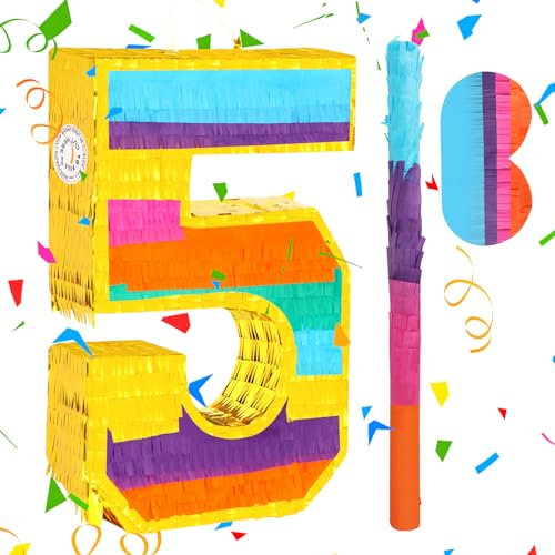 Regenbogen-Nummer 5 für Pinata mit Augenbinde und Fledermaus, für Jungen und Mädchen, 3. Geburtstag, Kindergeburtstag, Feier, Fiesta-Zubehör (klein, 41,5 x 29,8 x 7,6 cm)